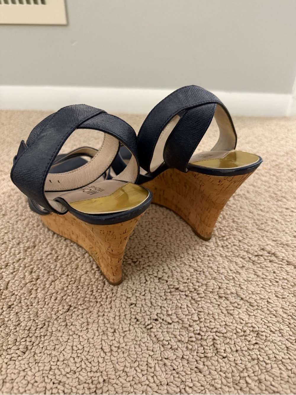 Michael Kors Navy Leather Wedge Sandals with Cork Heel - Picture 6 of 7
